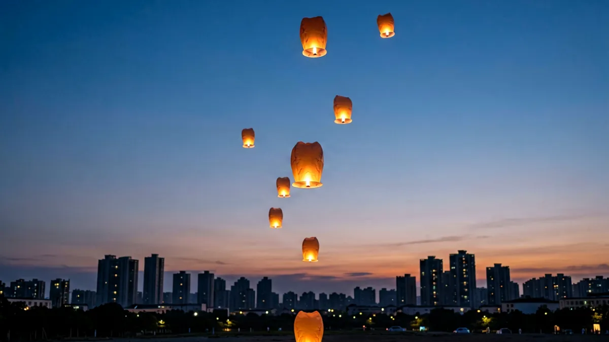 城市夜空背景下，一盏孔明灯缓缓升空，远处可以看到建筑物轮廓与警示标志牌