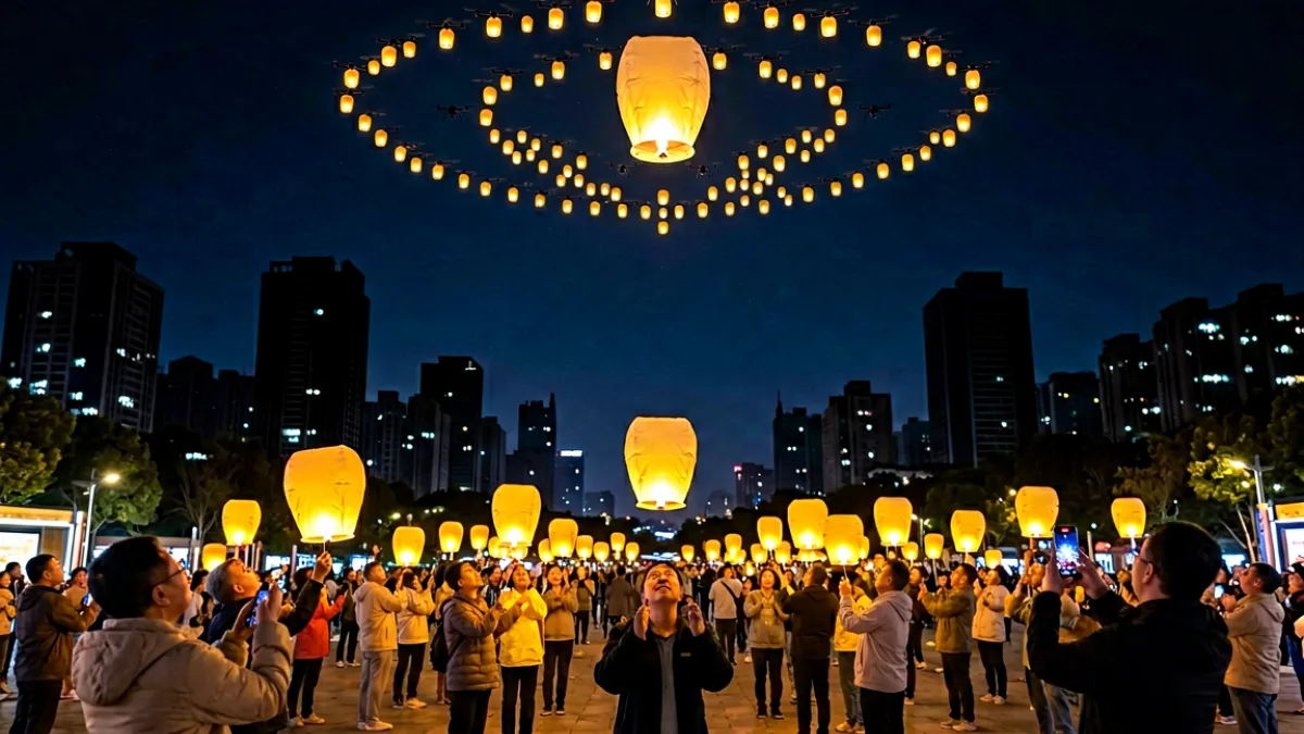 夜空下城市天际线剪影，远处有几架无人机组成的光影图案正在上演灯光秀，近处广场上人们举着电子祈福灯仰望星空