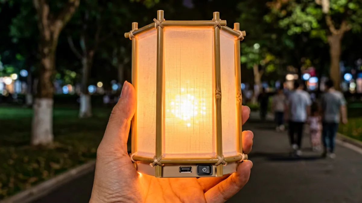 手持电子孔明灯的特写，灯罩由半透明磨砂材质制成，内部 LED 灯发出柔和暖光，底部配有可充电USB接口，背景虚化为公园夜景