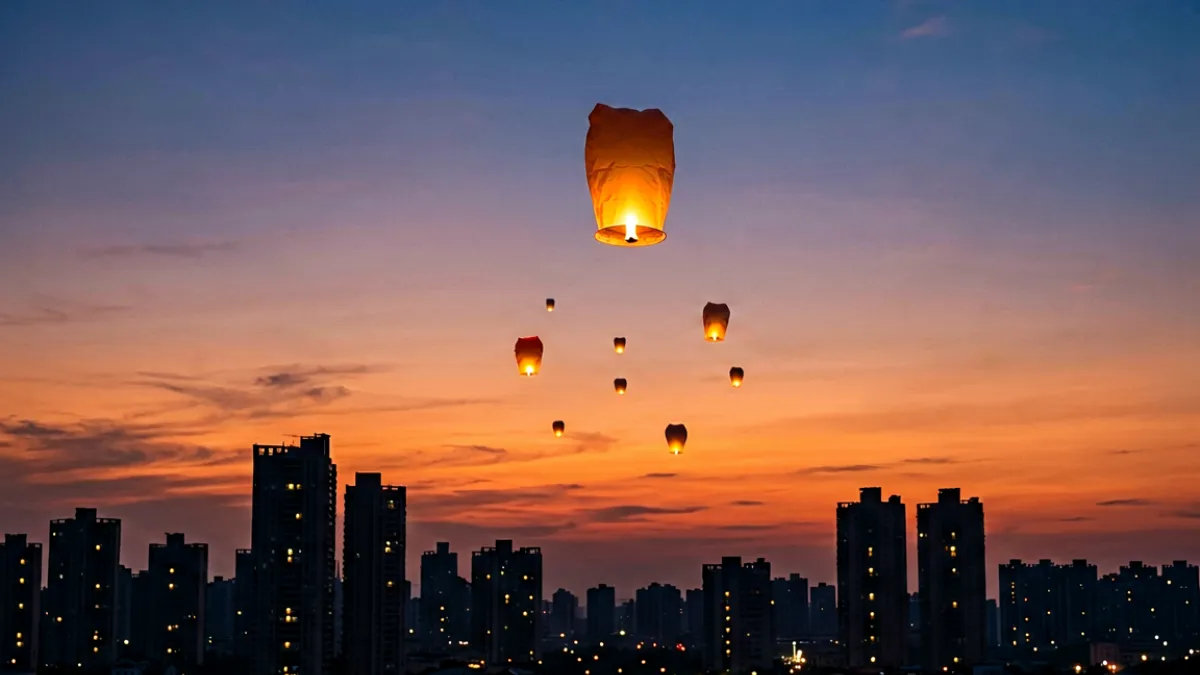 暮色中城市天际线剪影，远处几盏孔明灯缓缓升空，画面呈现节日氛围与城市安全的平衡感