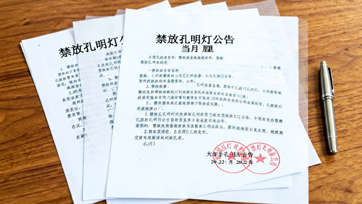 政策文件特写，桌面铺开着几份地方政府禁放孔明灯公告文件，旁边放着一支钢笔，呈现严谨的政策查阅场景