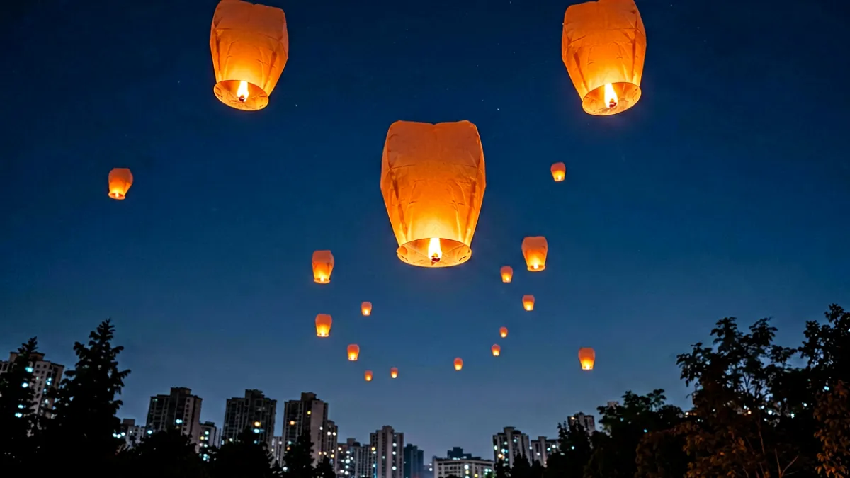 夜空下飘着数盏明亮的孔明灯，下方是城市与树林的剪影，暖橙色灯光与深蓝色夜空形成对比