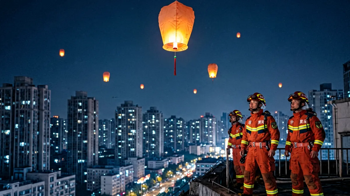 城市夜空中飘浮的孔明灯引起消防人员警觉，远处可见消防员手持警戒线准备处置，背景为高楼建筑轮廓