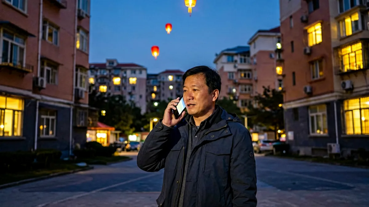 市民在小区附近发现有人夜晚燃放孔明灯，立即拿起手机拨打12345热线进行举报的实拍场景