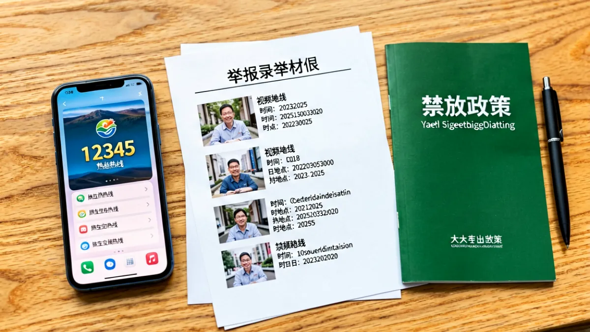 桌上摆放着举报所需的材料清单和手机取证界面，旁边放着孔明灯禁放政策手册供市民参考